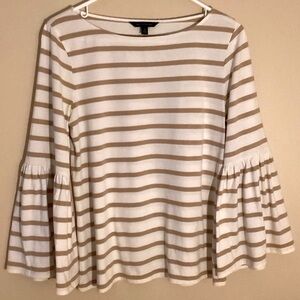 BANANA REPUBLIC SUPIMA COTTON BOATNECK BELL SLEEVE IVORY  CAMEL STRIPE TEE
